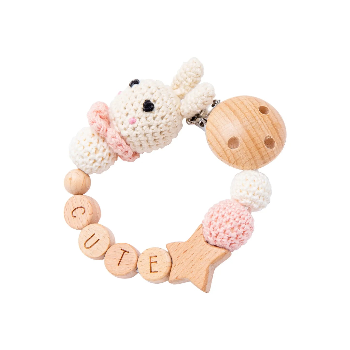 Bunny Pacifier Chain Wood Crochet Rabbit
