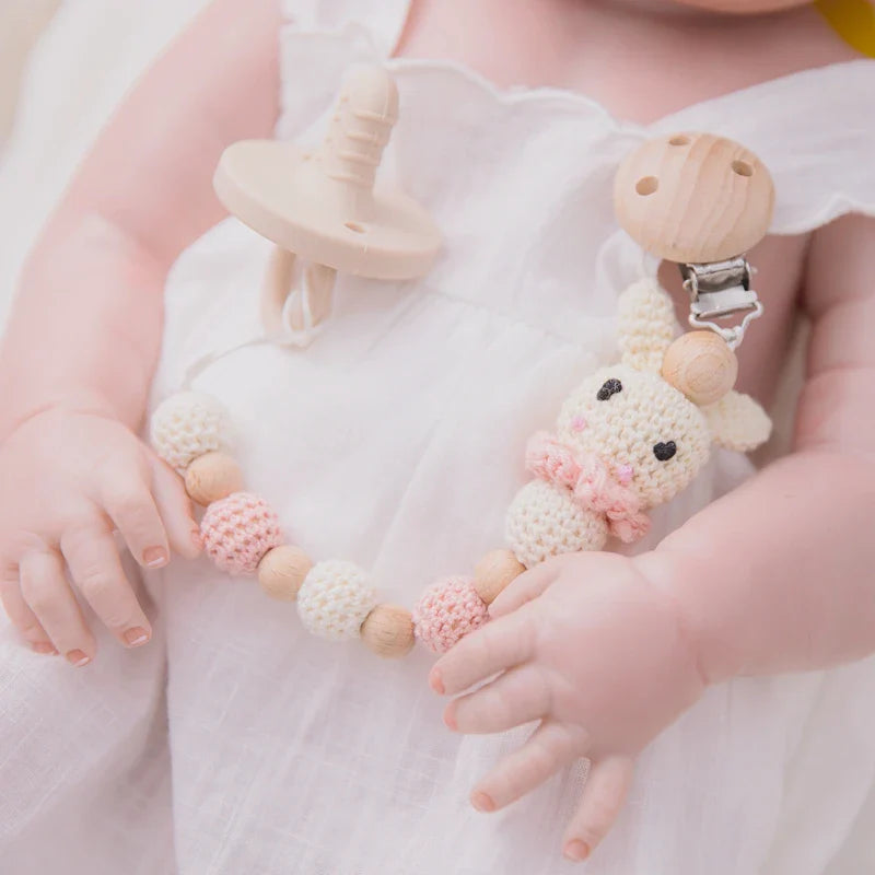 Bunny Pacifier Chain Wood Crochet Rabbit