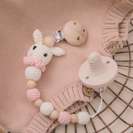 Bunny Pacifier Chain Clip with Wood Crochet Rabbit