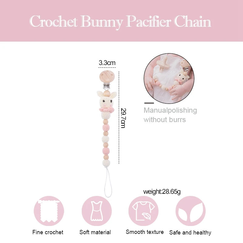 Bunny Pacifier Chain Clip with Wood Crochet Rabbit