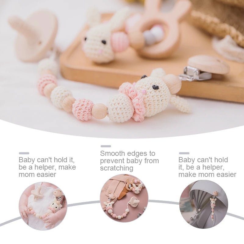 Bunny Pacifier Chain Clip with Wood Crochet Rabbit