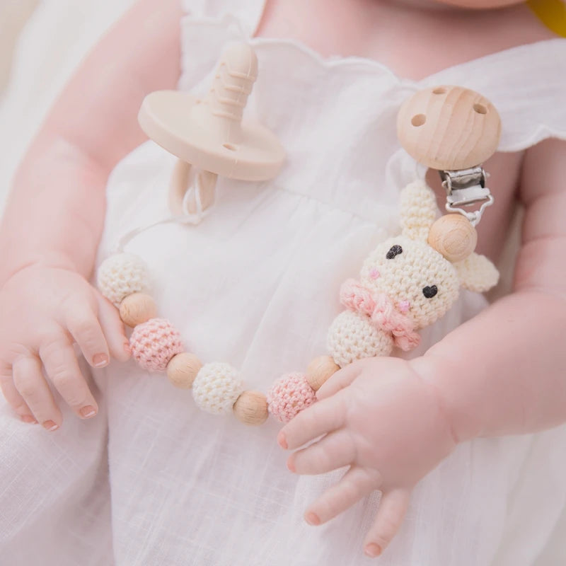 Bunny Pacifier Chain Clip with Wood Crochet Rabbit