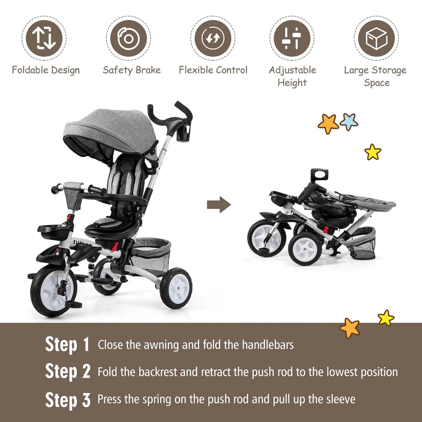 6-In-1 Kids Baby Stroller Tricycle