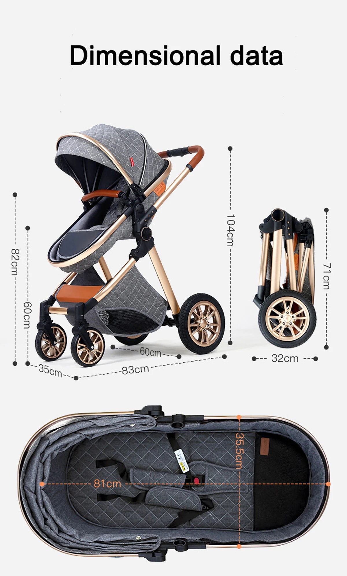 portable travel stroller Luxury Portable Travel Pram 3 in 1Baby Stroller UDV9-GREY / United States